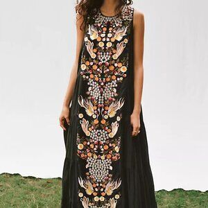 Anthropologie Samant Chauhan Jacaranda Tiered Maxi Black Embroidered Dress